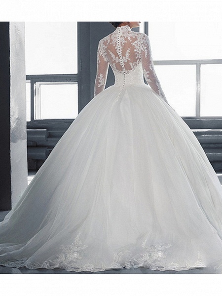 Ball Gown Wedding Dresses High Neck Court Train Tulle Long Sleeve Glamorous Vintage See-Through Backless Illusion Sleeve_4