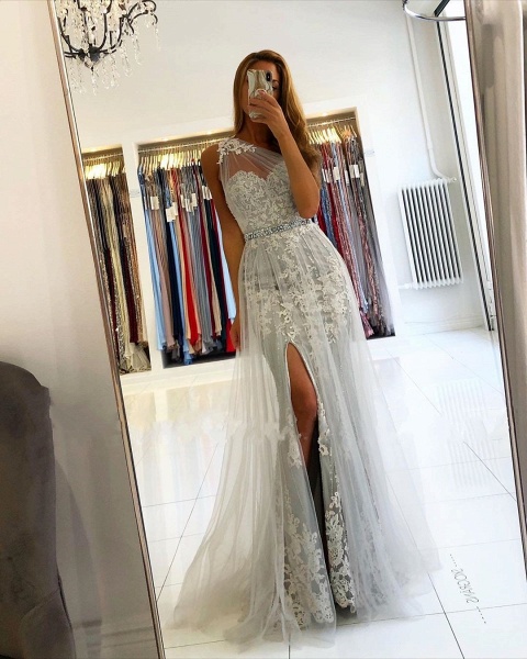 Elegant Long Mermaid One shoulder Tulle Prom Dress with Slit_5