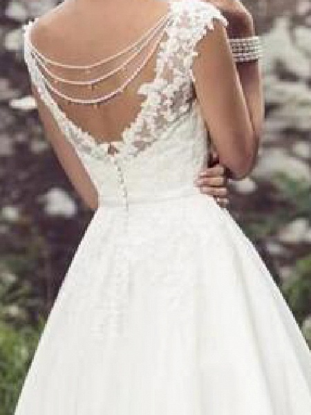 A-Line Wedding Dresses V Neck Tea Length Lace Tulle Cap Sleeve Vintage Plus Size_3