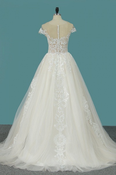 Elegant Bateau Appliques Lace A-Line Tulle Floor-length Ruffles Wedding Dress_2