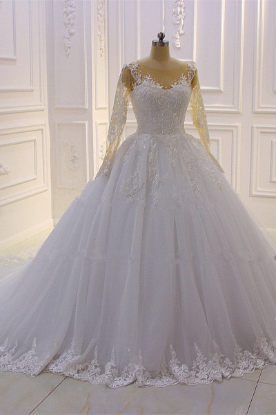 Gorgeous Bateau Long Sleeve Pearl Tulle Appliques Lace A-Line Wedding Dress_4