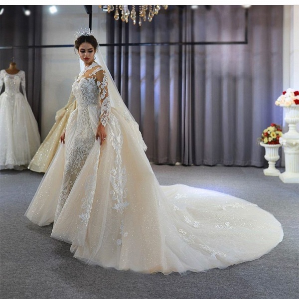 Gorgeous A-Line Sweetheart Long Sleeve Appliques Lace Floor-length Wedding Dress_6