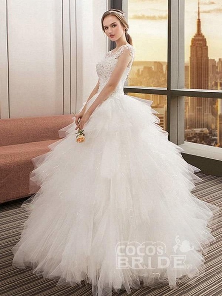 O Neck Appliques Bridal Gown Bohemian Long Lace Up Wedding Dress_5