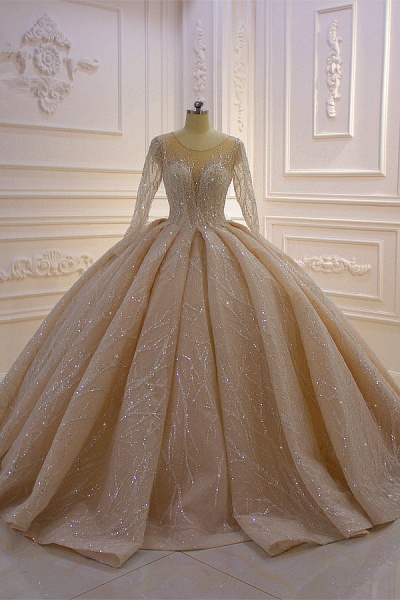 Gorgeous Bateau Crystal Long Sleeve Ruffles Floor-length Ball Gown Wedding Dress_1