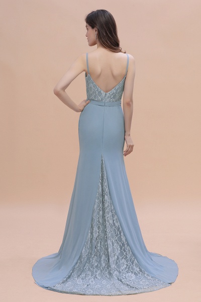 Simple V-neck Lace Chiffon Open Back Floor-length Mermaid Bridesmaid Dress_3
