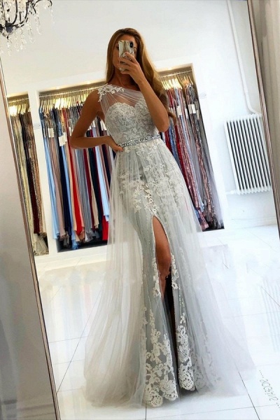 Elegant Long Mermaid One shoulder Tulle Prom Dress with Slit_1