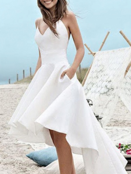 A-Line Wedding Dresses V Neck Spaghetti Strap Asymmetrical Satin Sleeveless Simple Little White Dress 1950s_3