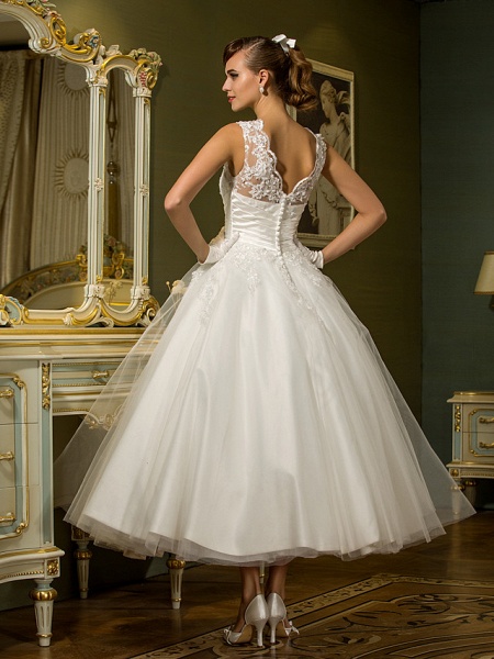 A-Line Wedding Dresses High Neck Ankle Length Lace Over Tulle Regular Straps Vintage Little White Dress Illusion Detail_4