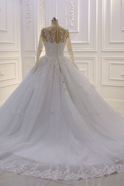 Gorgeous Bateau Long Sleeve Pearl Tulle Appliques Lace A-Line Wedding Dress_6