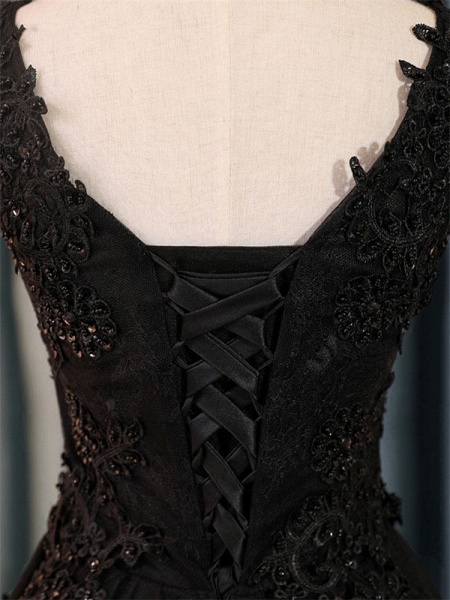 Attractive Black Appliques Lace Sequins Tulle Short A-line Prom Dress_5