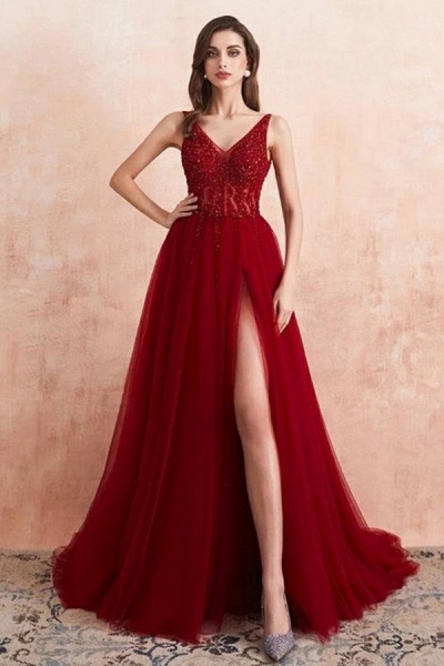 Elegant Long A-line V-neck Tulle Backless Prom Dress with Slit_1