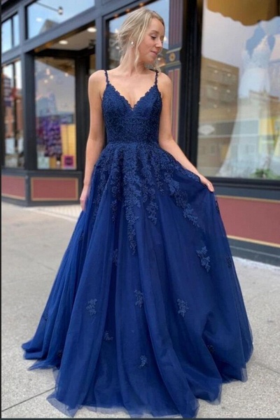 Beautiful A-line V-neck Spaghetti Straps Appliques Lace Tulle Floor-length Backless Prom Dress_3