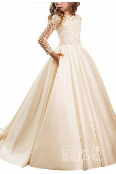 White Scoop Neck Long Sleeves Ball Gown Flower Girls Dress_3