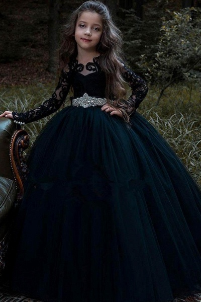 Black Bateau Long Sleeve Appliques Lace Pearl Floor-length Tulle Princess Flower Girl Dress_1