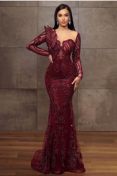 Stunning Burgundy Long Mermaid Sweetheart Lace Tulle Formal Evening Dresses_1