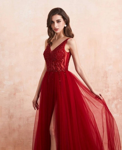 Elegant Long A-line V-neck Tulle Backless Prom Dress with Slit_6