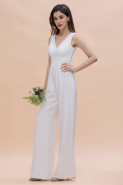 Chic White Deep V-neck Bridesmaid Dress Backless Floor-length Jumpsuit_8