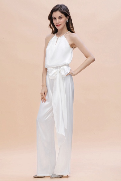 Elegant White Halter Bridesmaid Dress Floor-length Jumpsuit With Bowknot_7