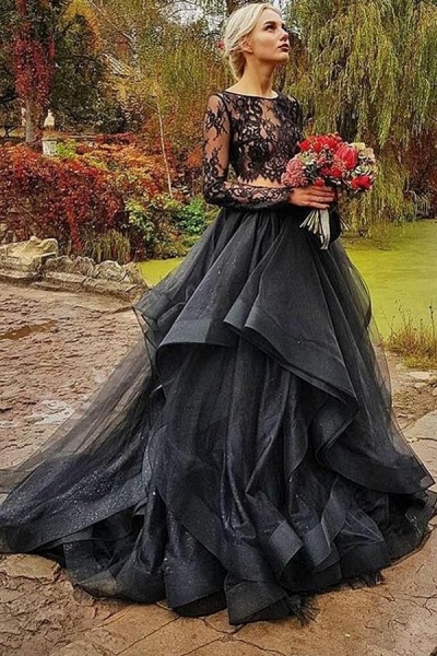 Modest Long Two Piece Tulle Lace Puffy Black Wedding Dress With Sleeves_1