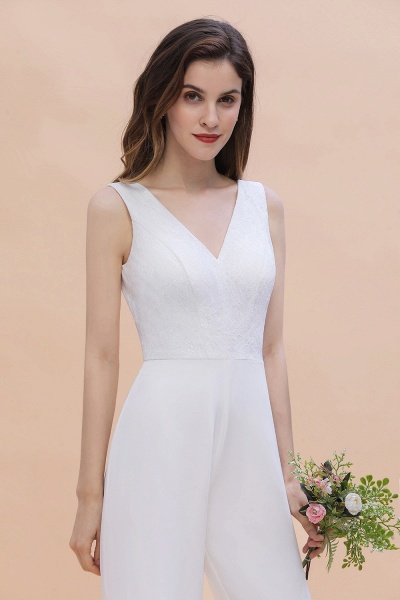 Chic White Deep V-neck Bridesmaid Dress Backless Floor-length Jumpsuit_9