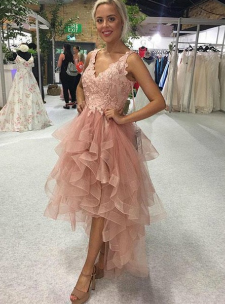 Elegant A-line V-neck Backless Appliques Lace Cascading Ruffles Tulle High Low Prom Dress_2
