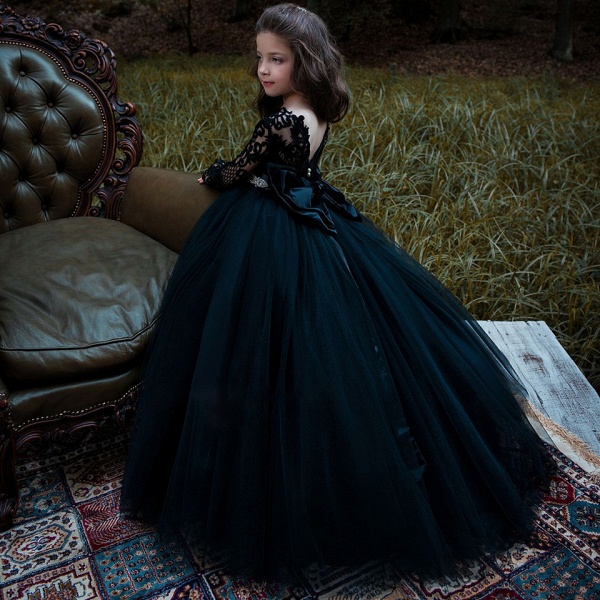 Black Bateau Long Sleeve Appliques Lace Pearl Floor-length Tulle Princess Flower Girl Dress_3