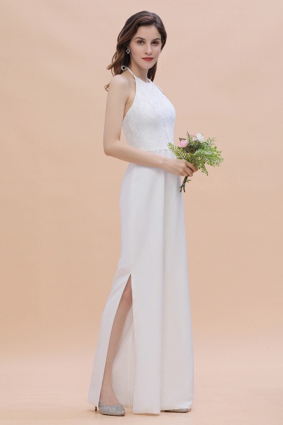 Simple White Floor-length Halter Jumpsuit Split Open Back Bridesmaid Dress_6