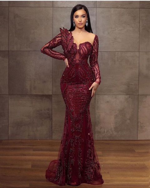 Stunning Burgundy Long Mermaid Sweetheart Lace Tulle Formal Evening Dresses_2