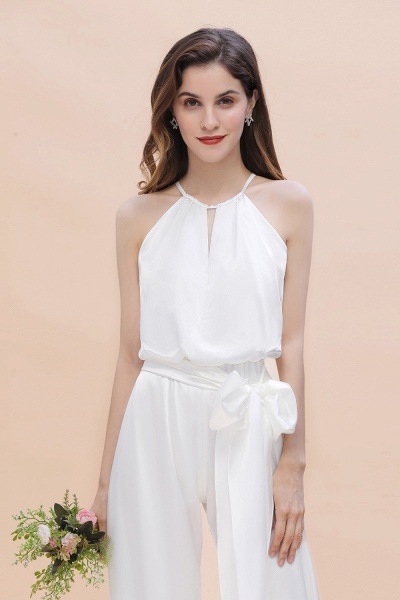 Elegant White Halter Bridesmaid Dress Floor-length Jumpsuit With Bowknot_9