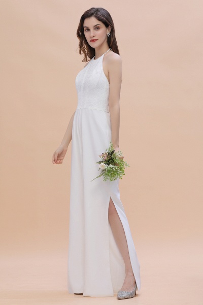 Simple White Floor-length Halter Jumpsuit Split Open Back Bridesmaid Dress_4