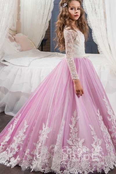 Scoop Neck Long Sleeves Ball Gown Flower Girls Dress_6