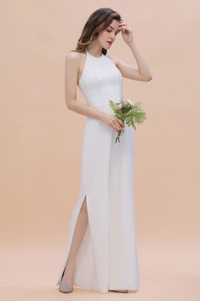 Simple White Floor-length Halter Jumpsuit Split Open Back Bridesmaid Dress_8