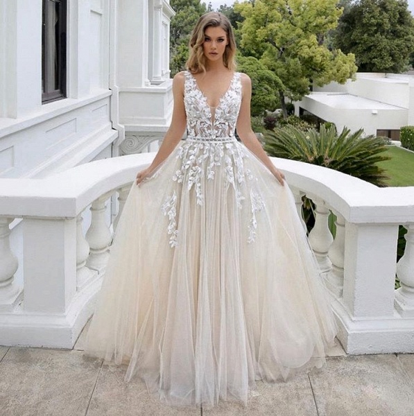 Luxury Long A-line V-neck Tulle Sleeveless Backless Wedding Dress with Lace_2