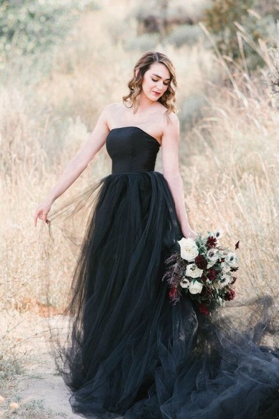 Elegantes, langes, trägerloses, schwarzes Tüll-Hochzeitskleid in A-Linie_4