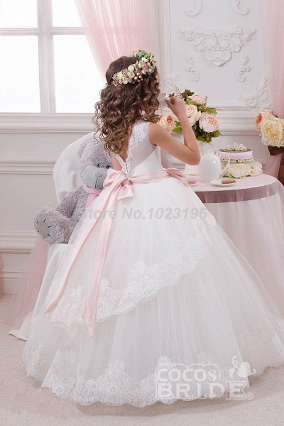 White Scoop Neck Sleeveless Ball Gown Flower Girls Dress_2