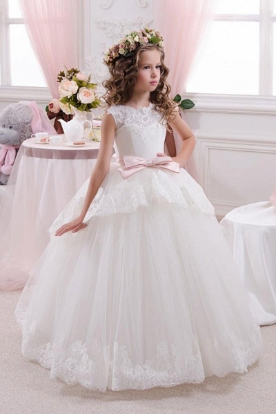White Scoop Neck Sleeveless Ball Gown Flower Girls Dress_1