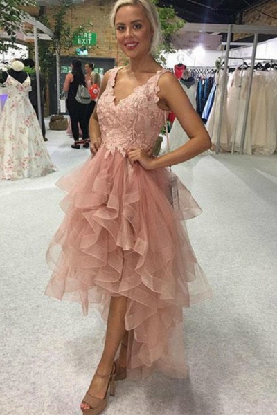 Elegant A-line V-neck Backless Appliques Lace Cascading Ruffles Tulle High Low Prom Dress_1