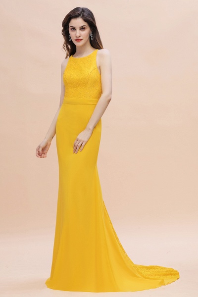Leuchtend gelbes Meerjungfrau-Brautjungfernkleid mit Juwelenausschnitt, rückenfreies Kleid für Hochzeitsgäste_5