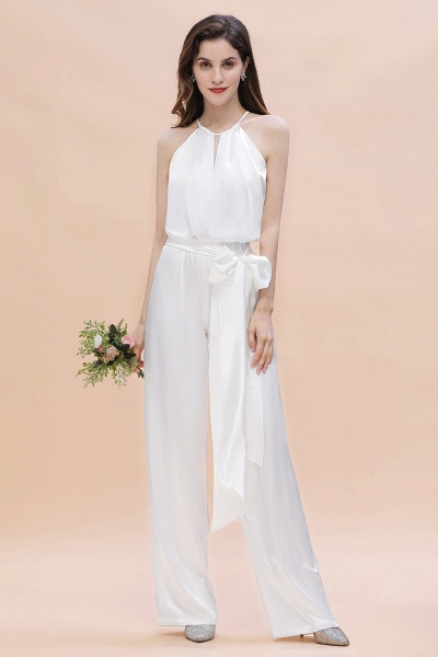 Elegant White Halter Bridesmaid Dress Floor-length Jumpsuit With Bowknot_2
