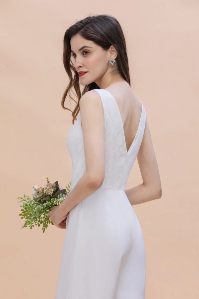 Schickes weißes Brautjungfernkleid mit tiefem V-Ausschnitt, rückenfreier, bodenlanger Overall_10