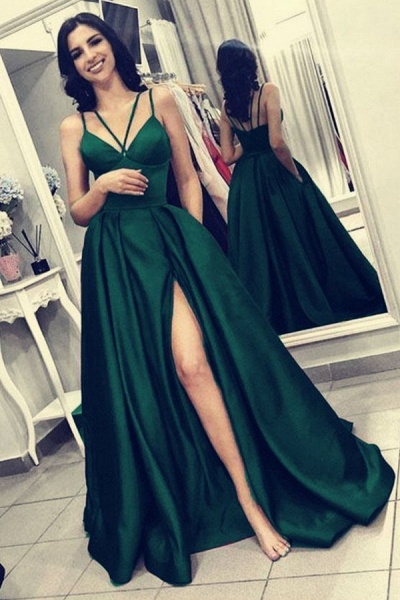 Sexy A-line V-neck Spaghetti Straps Backless Ruffles Floor-length Prom Dress With Slit_1