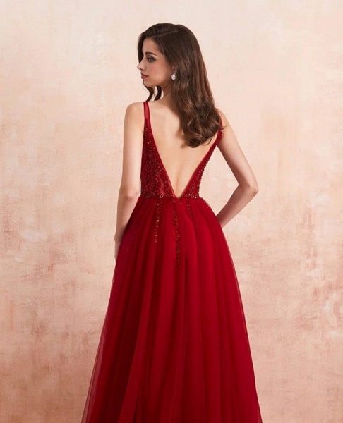 Elegant Long A-line V-neck Tulle Backless Prom Dress with Slit_5