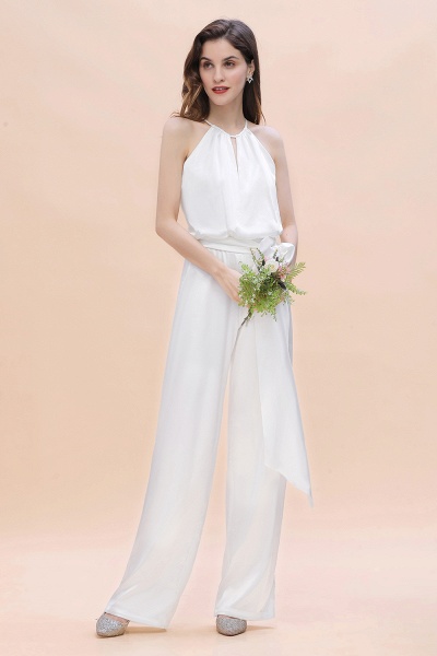 Elegant White Halter Bridesmaid Dress Floor-length Jumpsuit With Bowknot_5