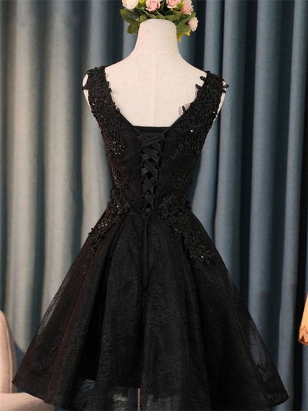 Attractive Black Appliques Lace Sequins Tulle Short A-line Prom Dress_3