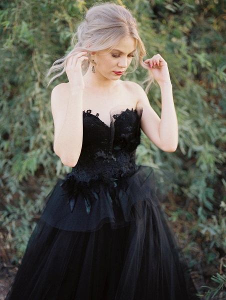 Classy Long Princess Sweetheart Open Back Tulle Black Wedding Dress with Lace_5