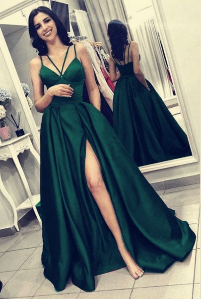 Sexy A-line V-neck Spaghetti Straps Backless Ruffles Floor-length Prom Dress With Slit_2