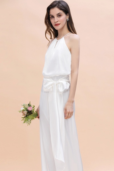 Elegant White Halter Bridesmaid Dress Floor-length Jumpsuit With Bowknot_6