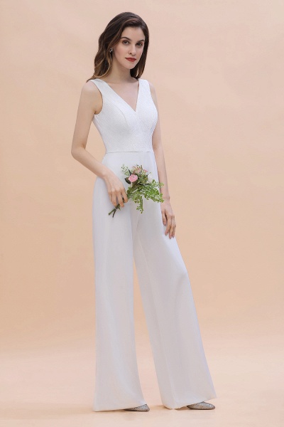 Chic White Deep V-neck Bridesmaid Dress Backless Floor-length Jumpsuit_4