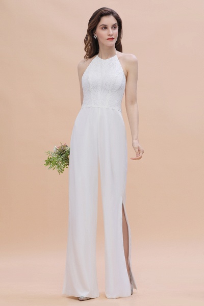 Simple White Floor-length Halter Jumpsuit Split Open Back Bridesmaid Dress_5