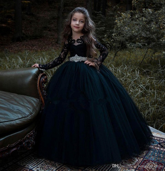 Black Bateau Long Sleeve Appliques Lace Pearl Floor-length Tulle Princess Flower Girl Dress_2